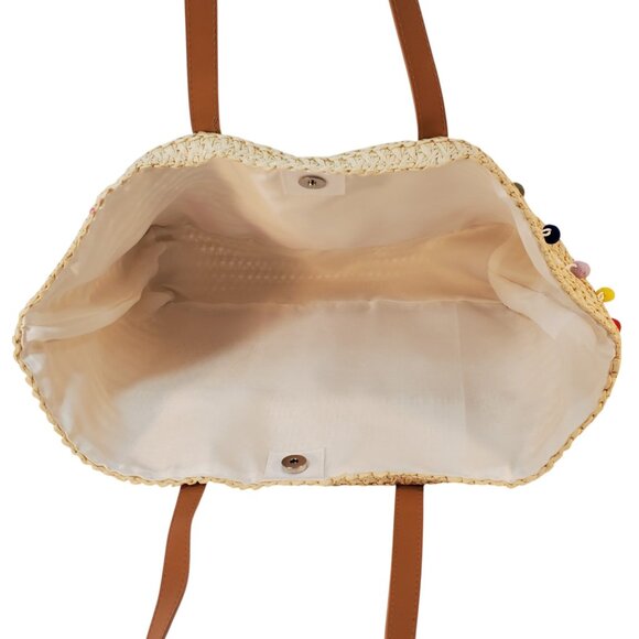 Perfectly Posh Large Straw Tote Beach Bag w/ Pom Poms. Plus a Beach Towel. - Picture 3 of 6